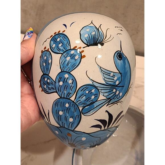Tonala Pottery 5" Egg Shaped Trinket Box Hand Painted Blue Bird Folk Art Mexico - Picture 10 of 15